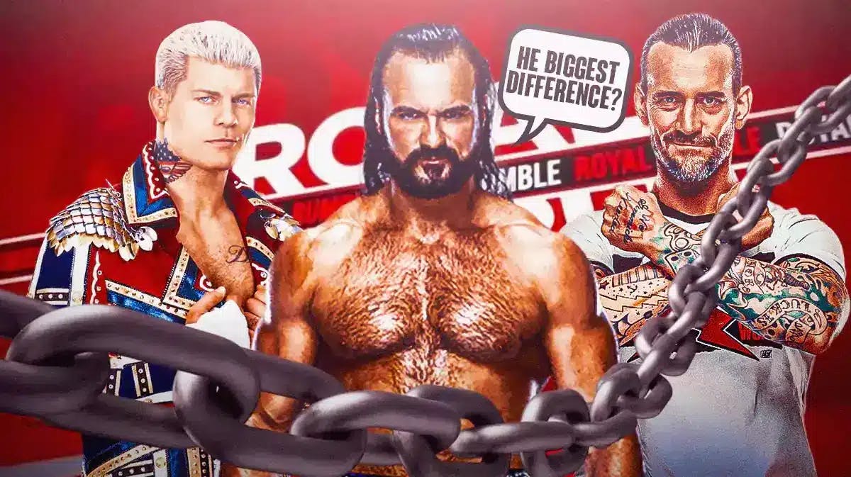 Drew McIntyre with a text bubble reading “The biggest difference?” with Cody Rhodes on the left and CM Punk on the right with the 2024 Royal Rumble logo as the background.