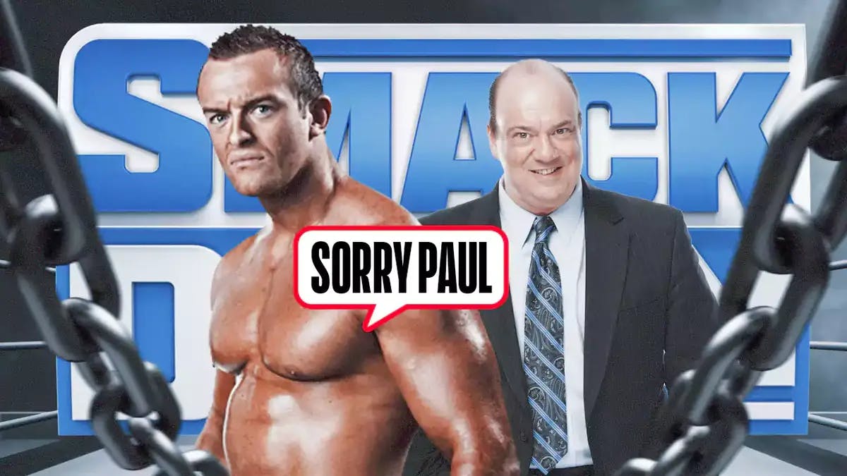 Nick Aldis with a text bubble reading “Sorry Paul” next to Paul Heyman with the SmackDown logo as the background.