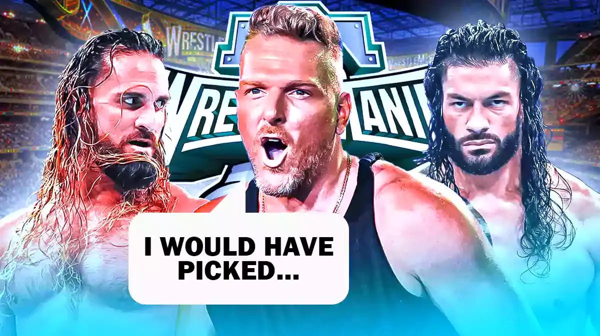 Pat McAfee with a text bubble reading “I would have picked…” with Seth Rollins on his left and Roman Reigns on his right with the WrestleMania 40 logo as the background.