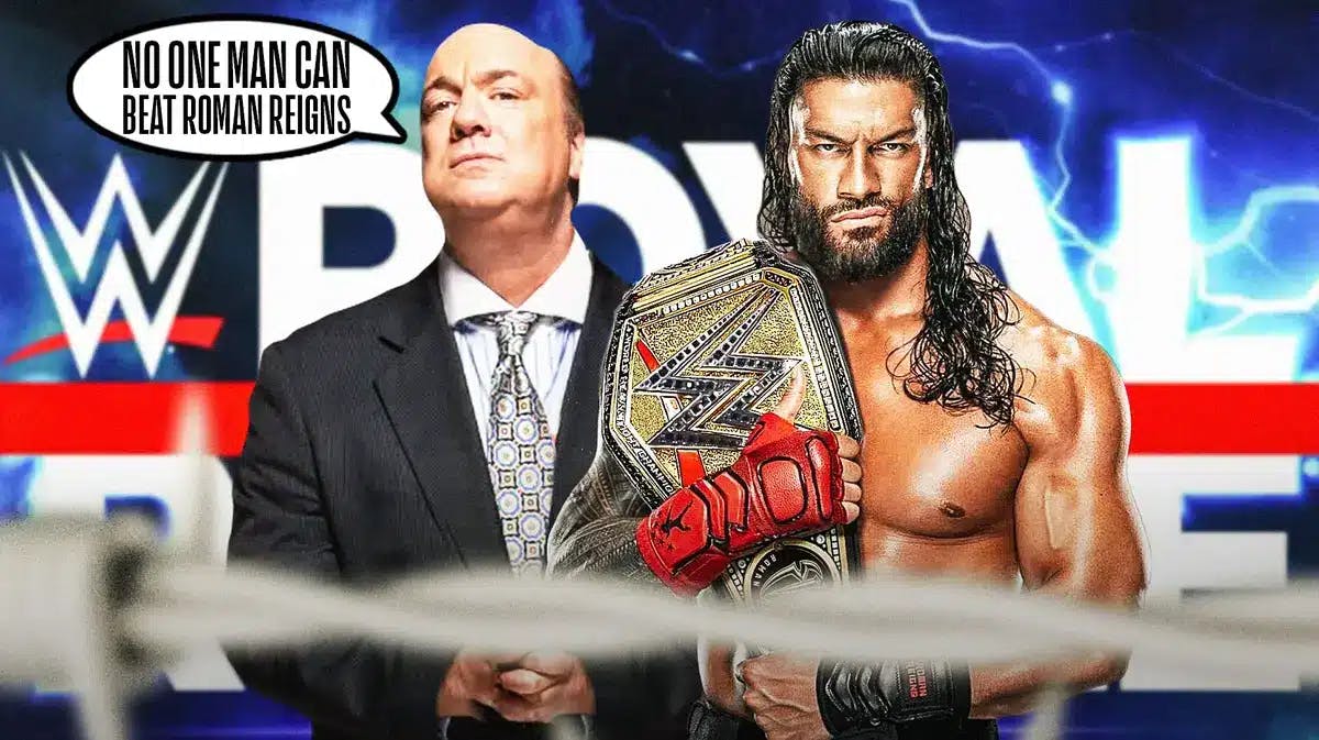 Paul Heyman with a text bubble reading “No one man can beat Roman Reigns” next to Roman Reigns with the 2024 Royal Rumble logo as the background.