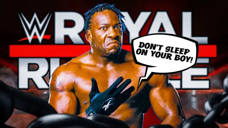 Booker T with a text bubble reading “Don’t sleep on your boy!” with the 2024 Royal Rumble logo as the background.