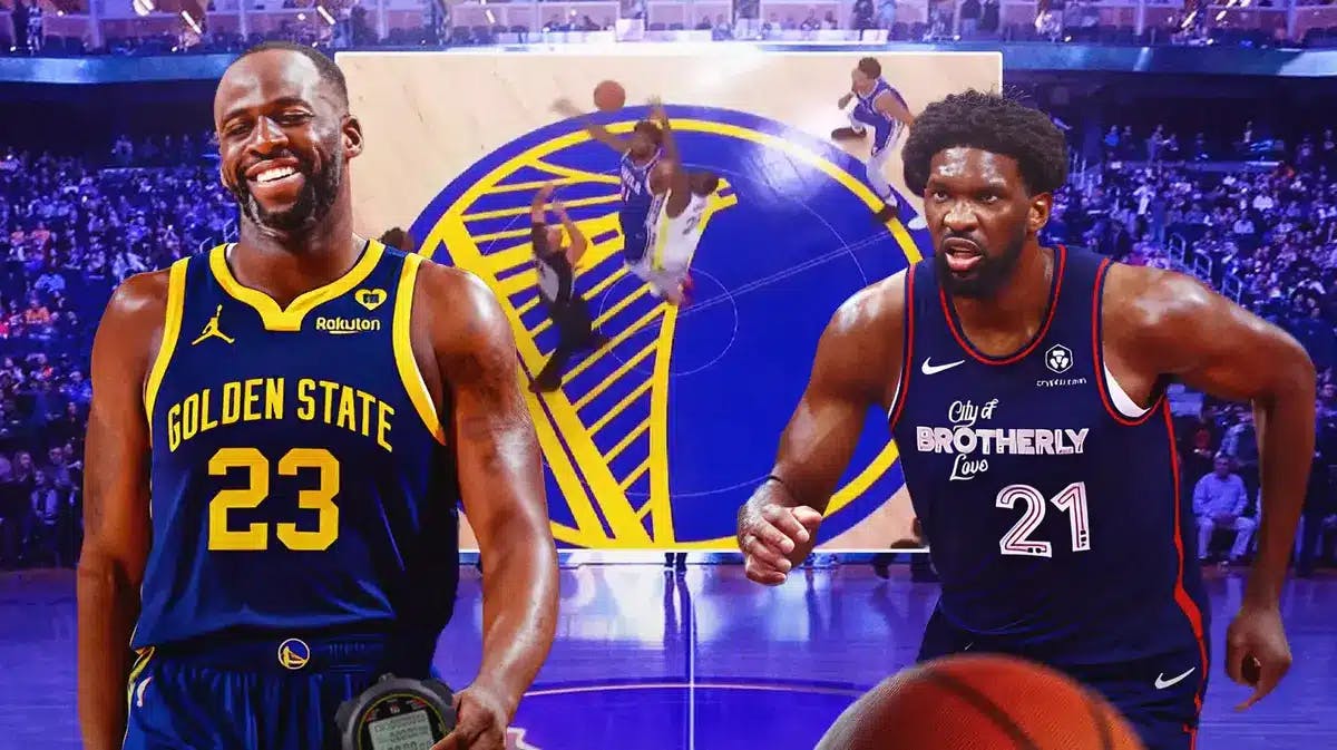 Warriors' Draymond Green laughing while holding a stopwatch, with 76ers' Joel Embiid looking angry, with screenshot of Green holding Embiid on the left