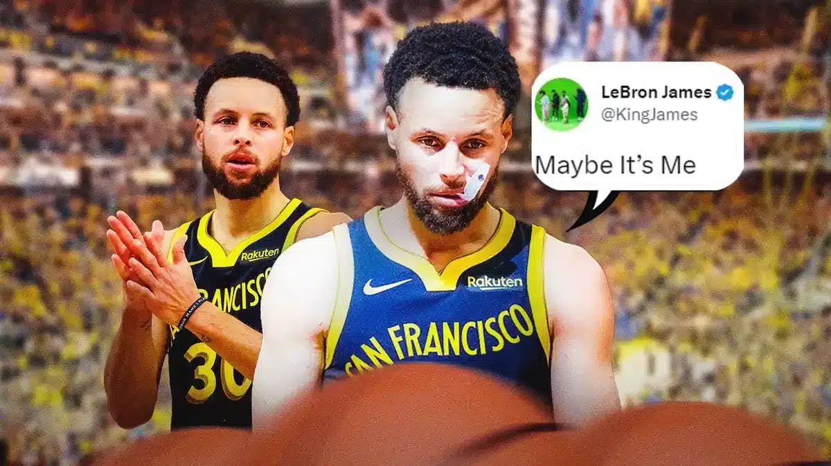 Warriors' Stephen Curry looking sad, with screenshot of LeBron James' “Maybe It’s Me” tweet over Curry