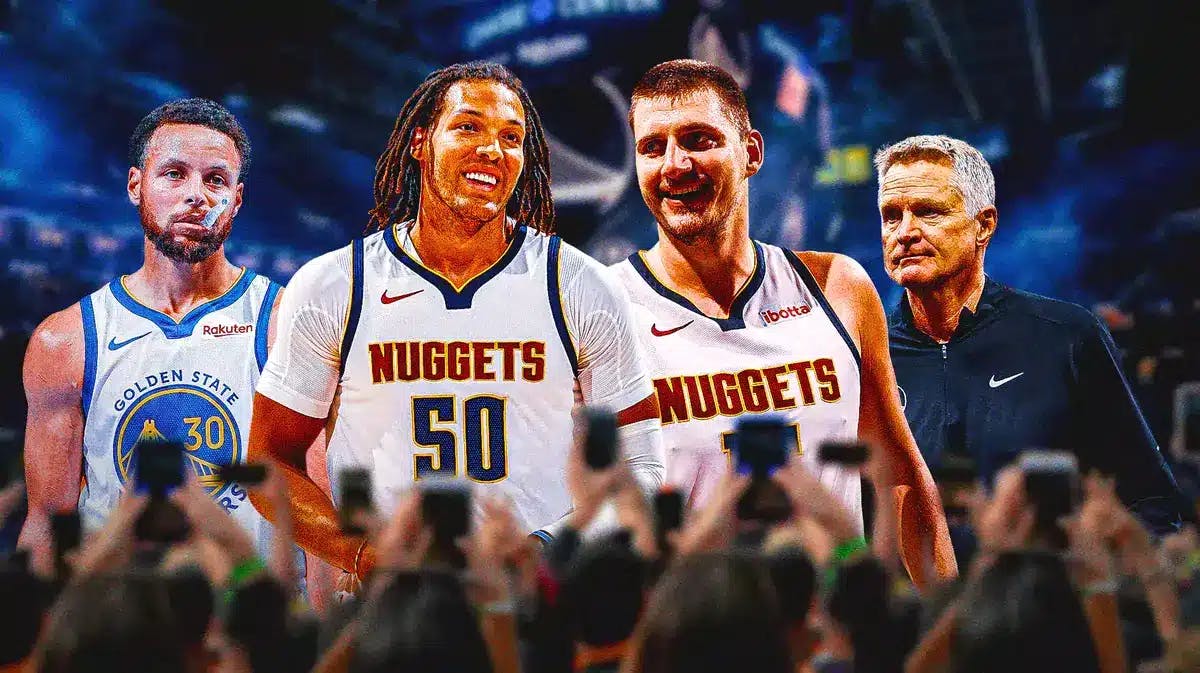 Nuggets' Aaron Gordon and Nikola Jokic laughing, with Warriors' Steve Kerr and Stephen Curry sad