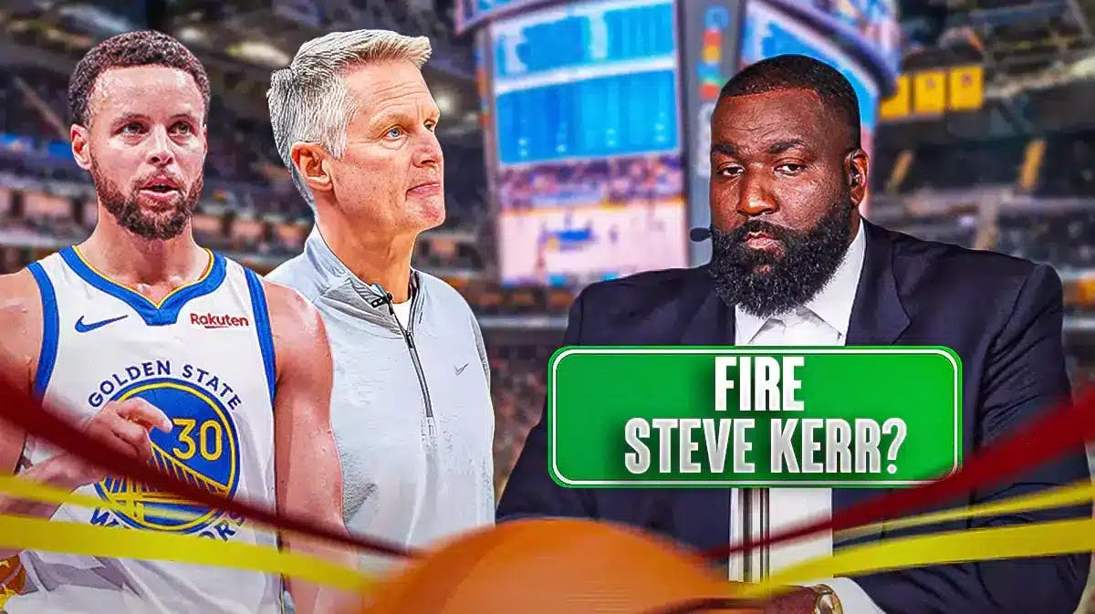 Kendrick Perkins holding a “FIRE STEVE KERR?” sign, with Warriors' Steve Kerr and Stephen Curry looking sad