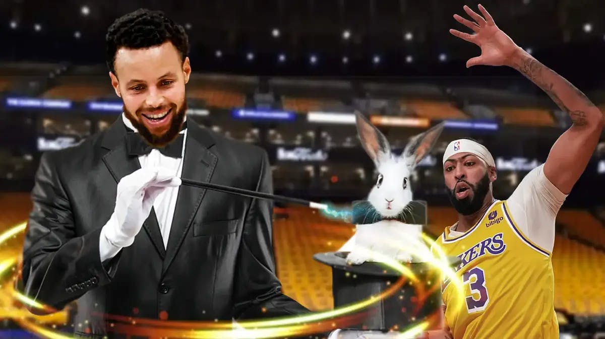 Warriors guard Steph Curry pulling a rabbit out of his hat against Anthony Davis