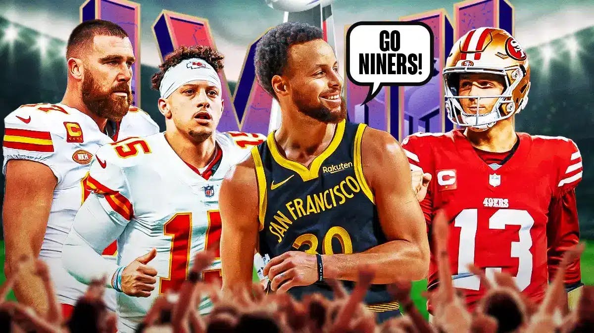 Warriors star Stephen Curry with Chiefs stars Patrick Mahomes and Travis Kelce and 49ers star Brock Purdy with the Super Bowl 58 logo