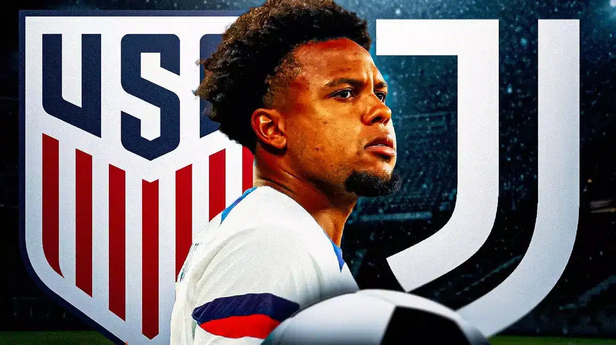 Weston McKennie looking tired in front of the USMNT and Juventus logos