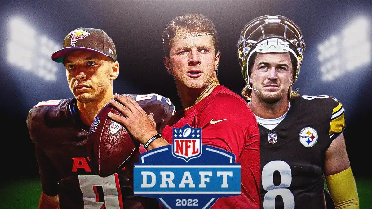 Brock Purdy in middle of image, Kenny Pickett and Desmond Ridder on either side, 2022 NFL Draft logo, football field in background