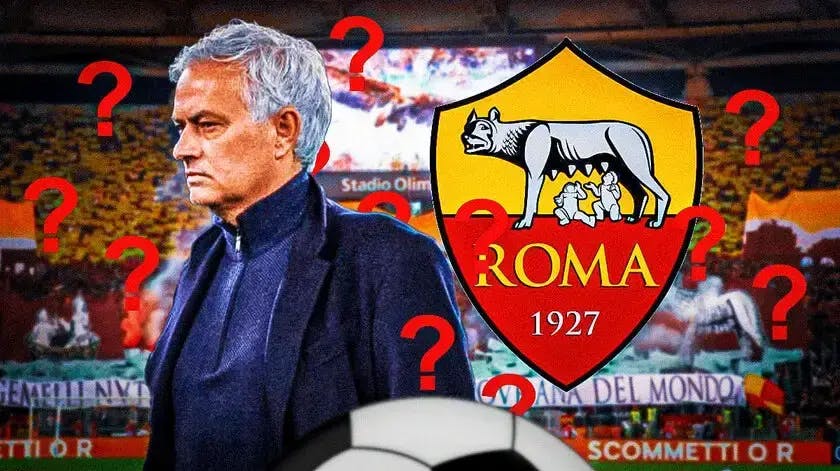 Jose Mourinho looking down/sad in front of the AS Roma logo, questionmarks in the air