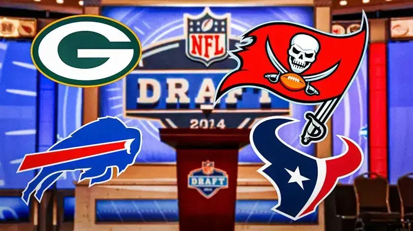 NFL Draft background with Packers, Bills, Buccaneers, and Texans logos in front