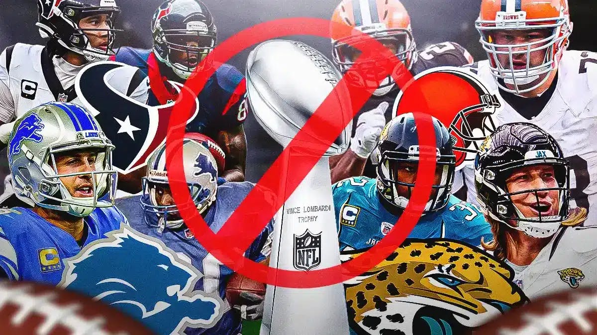 In one corner is Jared Goff and Barry Sanders in Lions gear with Lions logo in front of them. In another corner is Trevor Lawrence and Maurice Jones Drew in Jaguars gear with Jaguars logo in front of them. In a third corner is C.J. Stroud and Andre Johnson in Texans gear with Texans logo in front of them. Final corner has Nick Chubb and Joe Thomas in Browns gear with Browns logo in front of them. Lombardi trophy with a red “no/prohibited circle” around the trophy.