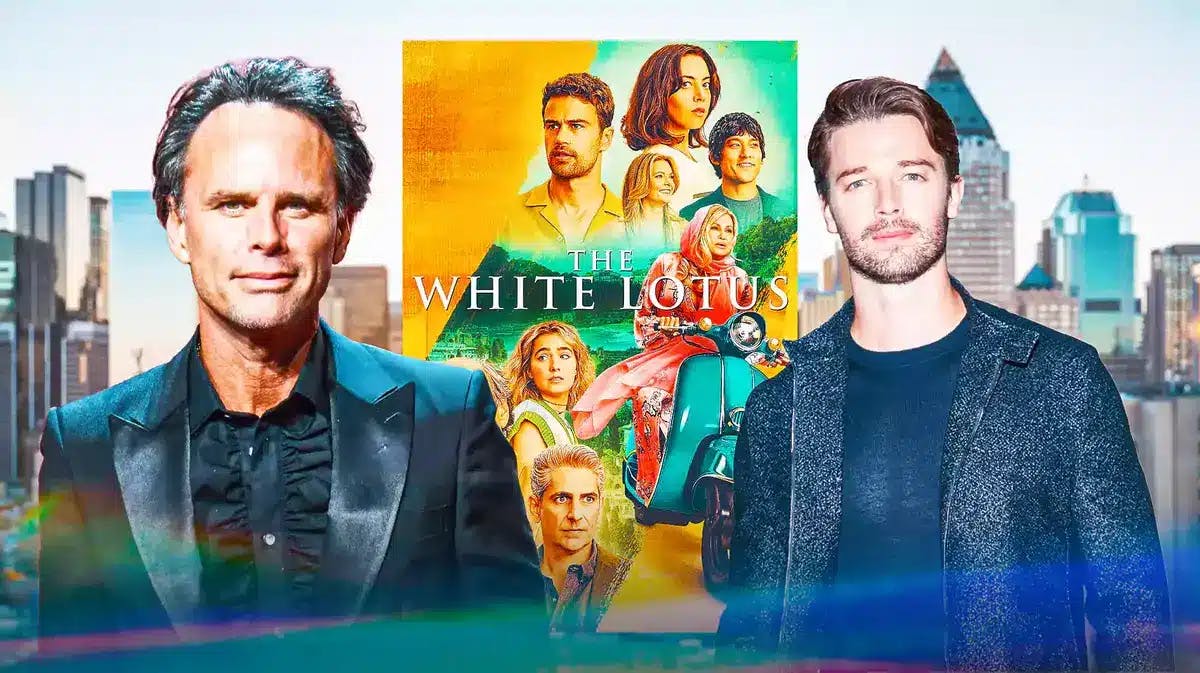 Walter Goggins and Patrick Schwarzenegger in front of The White Lotus poster
