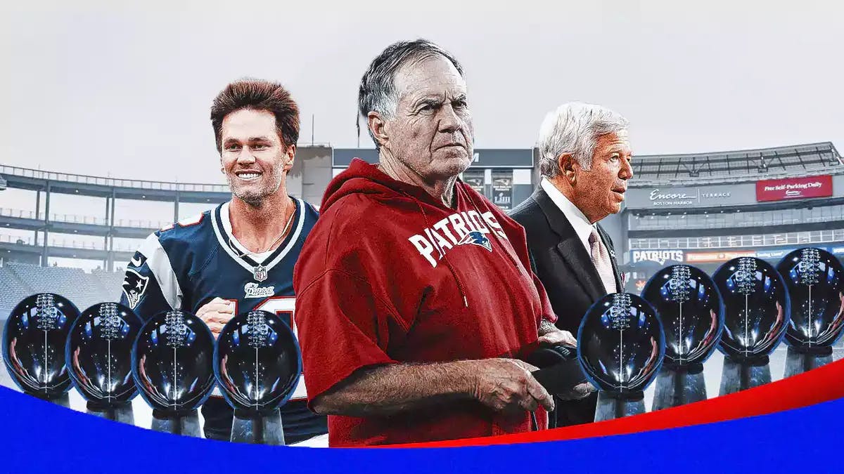 Bill Belichick in the middle, Tom Brady, 8 Super Bowl Trophies, Robert Kraft around him, and Fireworks in the background.