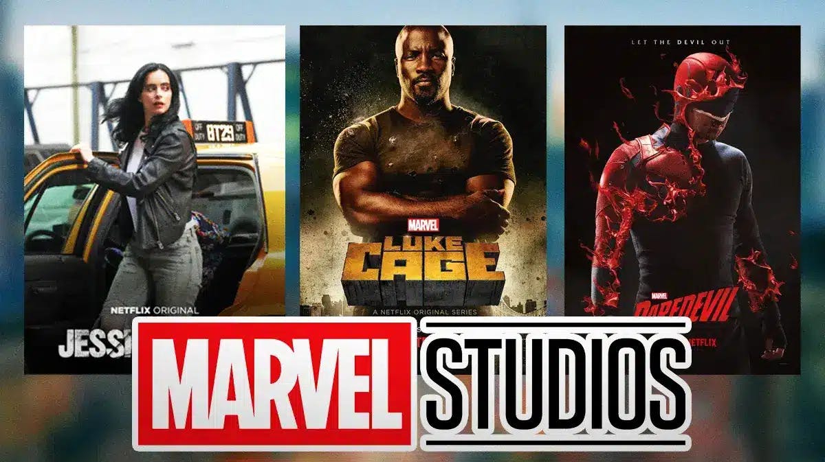 Marvel MCU studios with Netflix Daredevil, Jessica Jones, and Luke Cage posters.