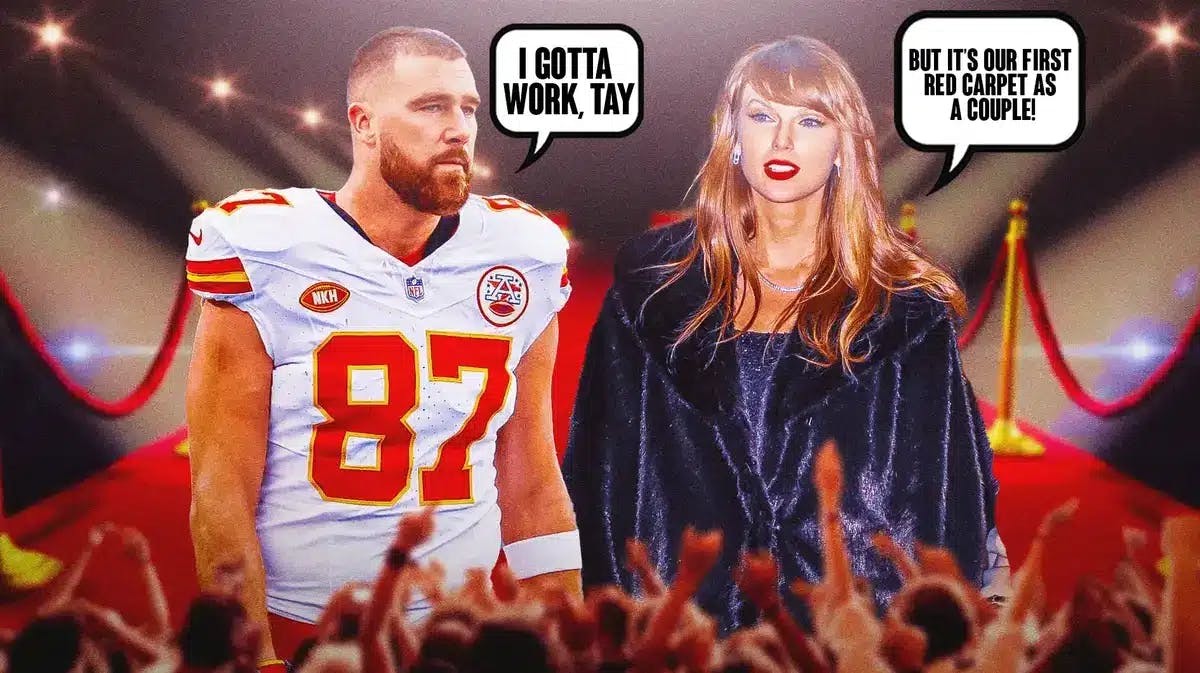 ravis Kelce and Taylor Swift, with Hollywood red carpet imagery in the background. Kelce has a speech bubble, “I gotta work, Tay” and Swift has a speech bubble, “But it’s our first red carpet as a couple!”