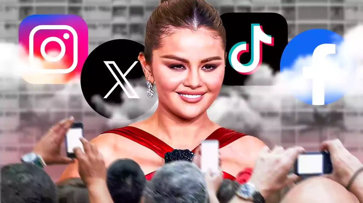 Selena Gomez with social media apps behind her