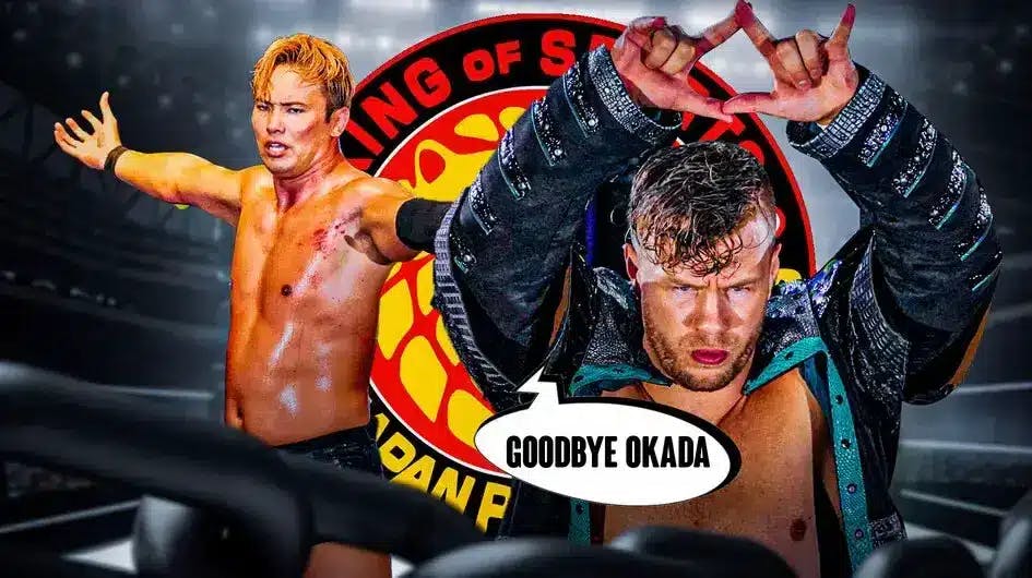 Will Ospreay with a text bubble reading “Goodbye Okada” next to Kazuchika Okada with the New Japan pro Wrestling logo as the background.