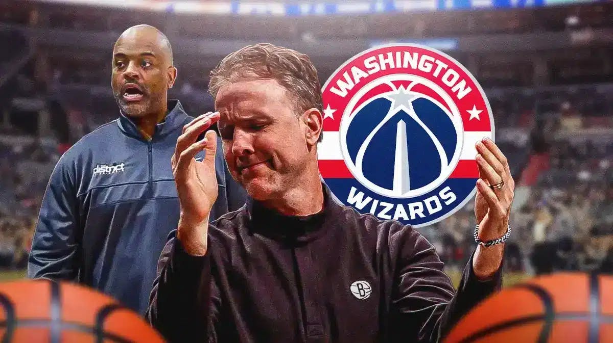 Brian Keefe in middle of image, WSH Wizards logo in image, Wes Unseld Jr. in background of image, basketball court in background