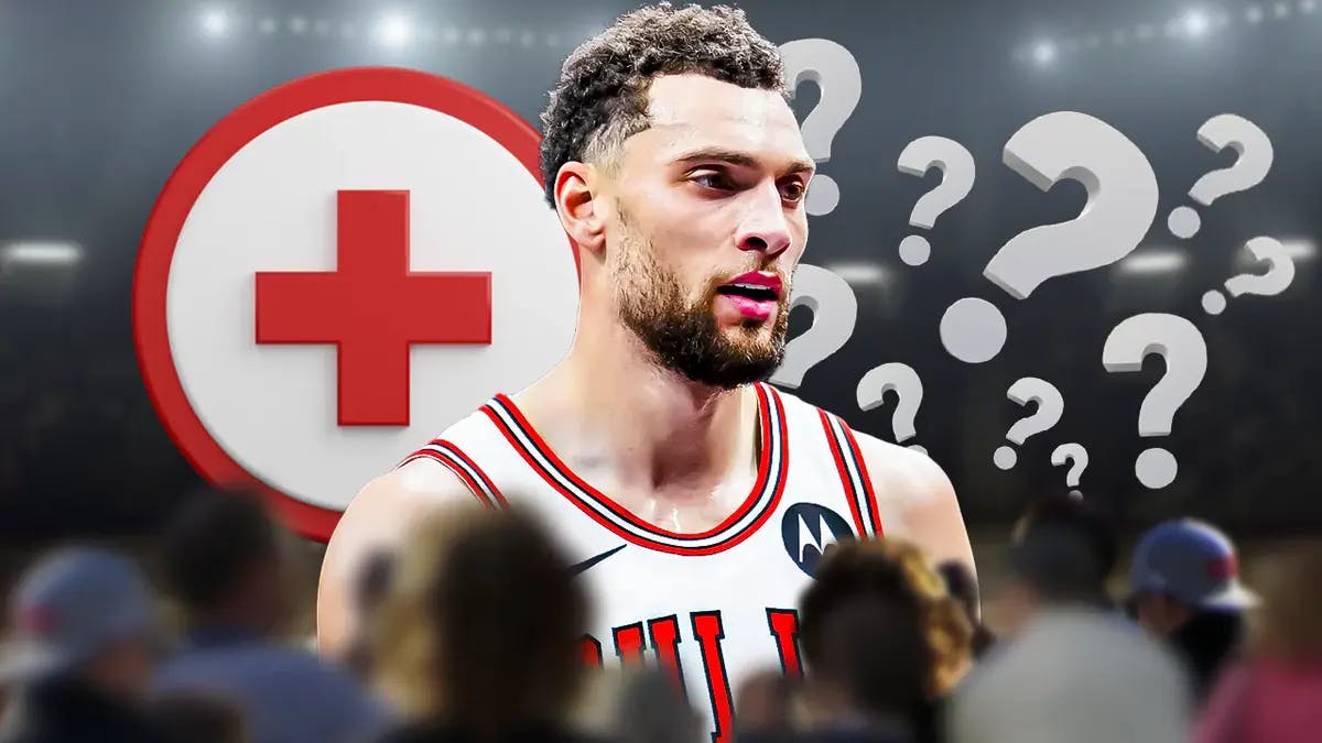 Bulls' Zach LaVine with red medical symbol and question marks