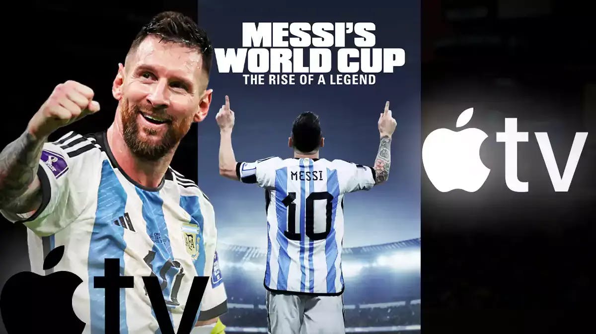 Lionel Messi alongside the series poster for his Apple TV documentary Messi's World Cup: The Rise of a Legend