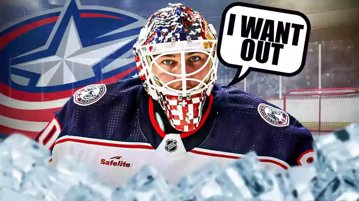 Elvis Merzlikins in middle of image with speech bubble: “I want out” , Columbus Blue Jackets logo, hockey rink in background