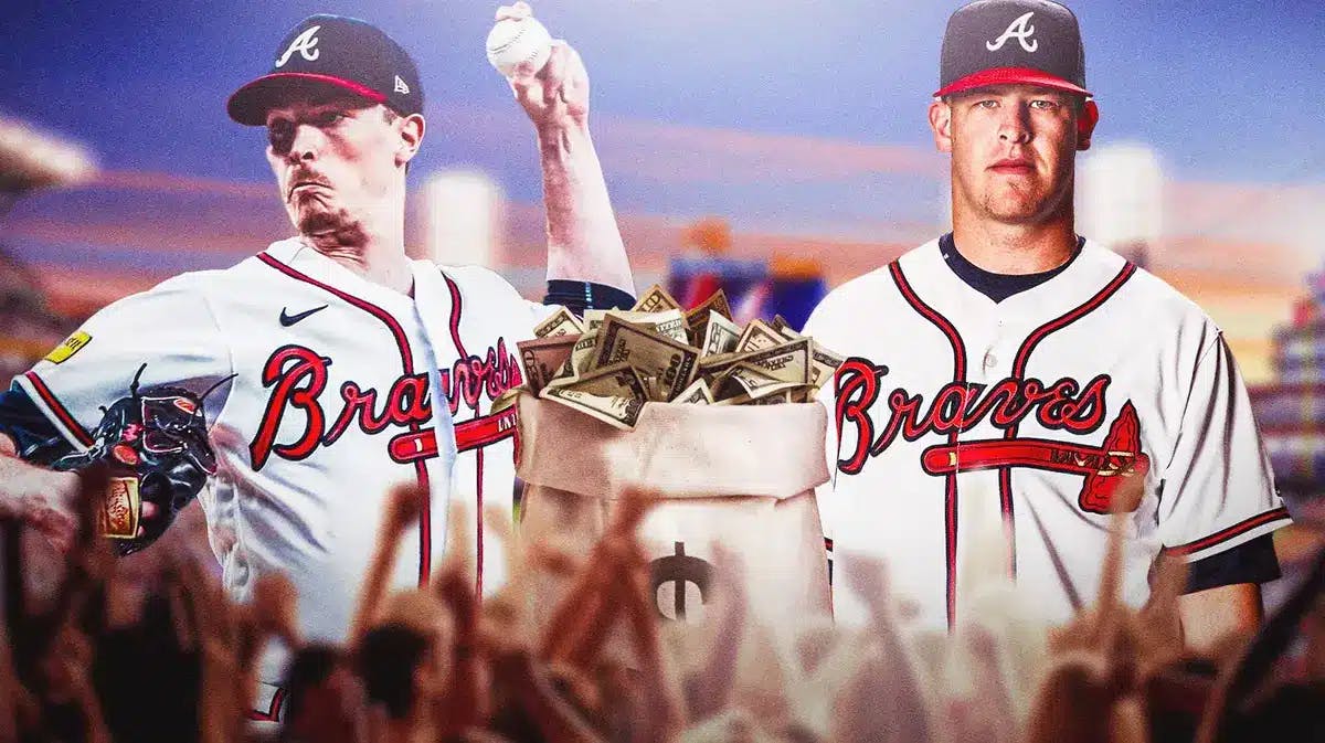 Atlanta Braves pitchers Max Fried and A.J. Minter and a money bag emoji in between them to signify they signed new contracts with the team.