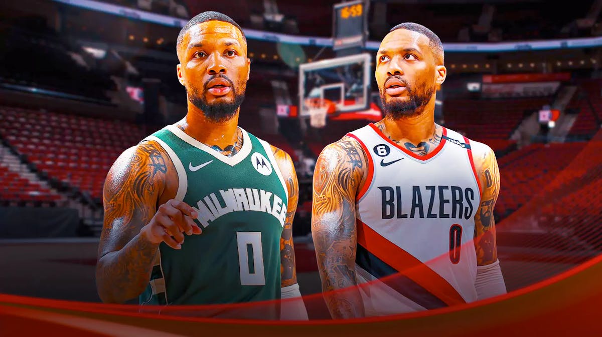 A double image of Damian Lillard, one of him in his Bucks jersey and the other of him in his old Blazers jersey, include the Blazers arena in the background