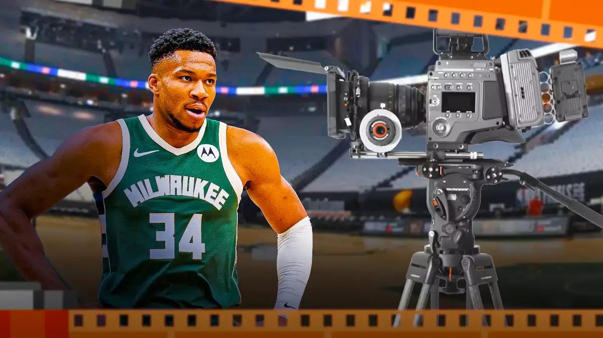 Bucks star Giannis Antetokounmpo in front of a camera