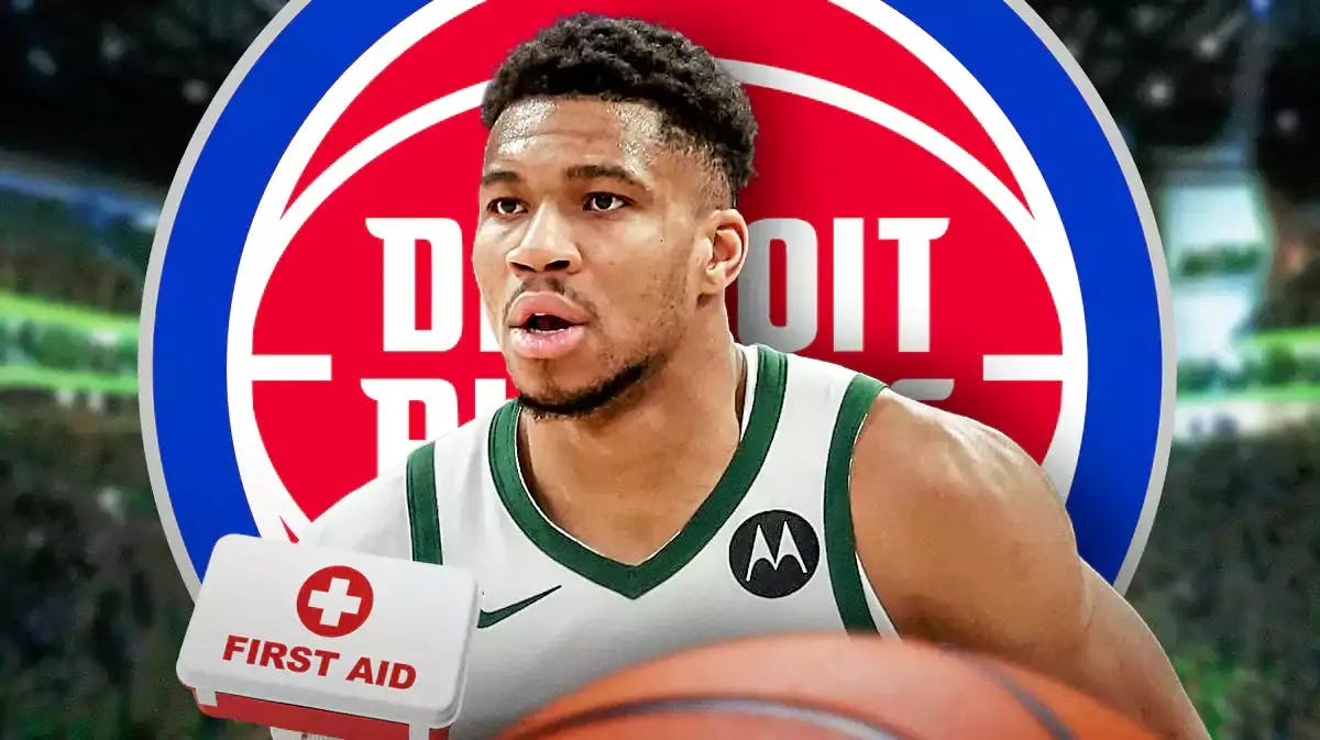 Photo: Giannis Antetokounmpo in Bucks jersey with aid kit and Pistons logo behind him