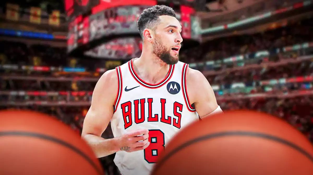 Zach LaVine with the Bulls arena in the background
