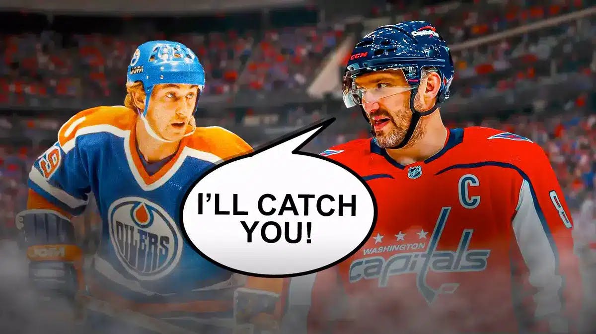 Washington Capitals' Alex Ovechkin and speech bubble “I’ll Catch You!” and image of Wayne Gretzky in Edmonton Oilers uniform.