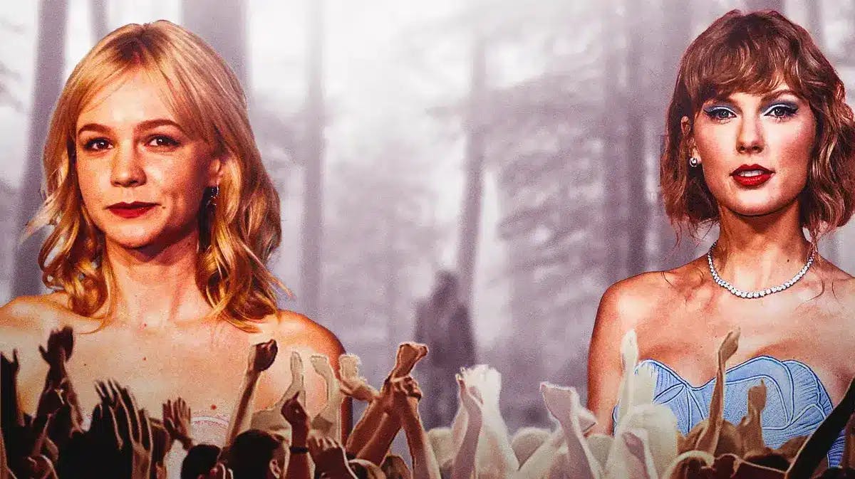 Carey Mulligan and Taylor Swift in front of Folklore.