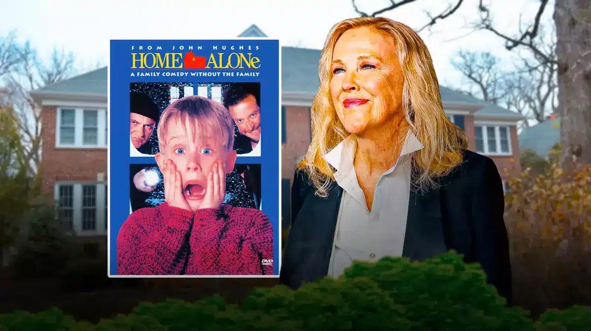 Catherine O'Hara next to Home Alone poster and the McCallister family house in the background