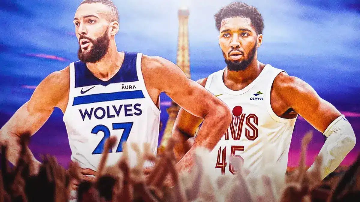 Timberwolves' Rudy Gobert and Cavs' Donovan Mitchell with Paris background