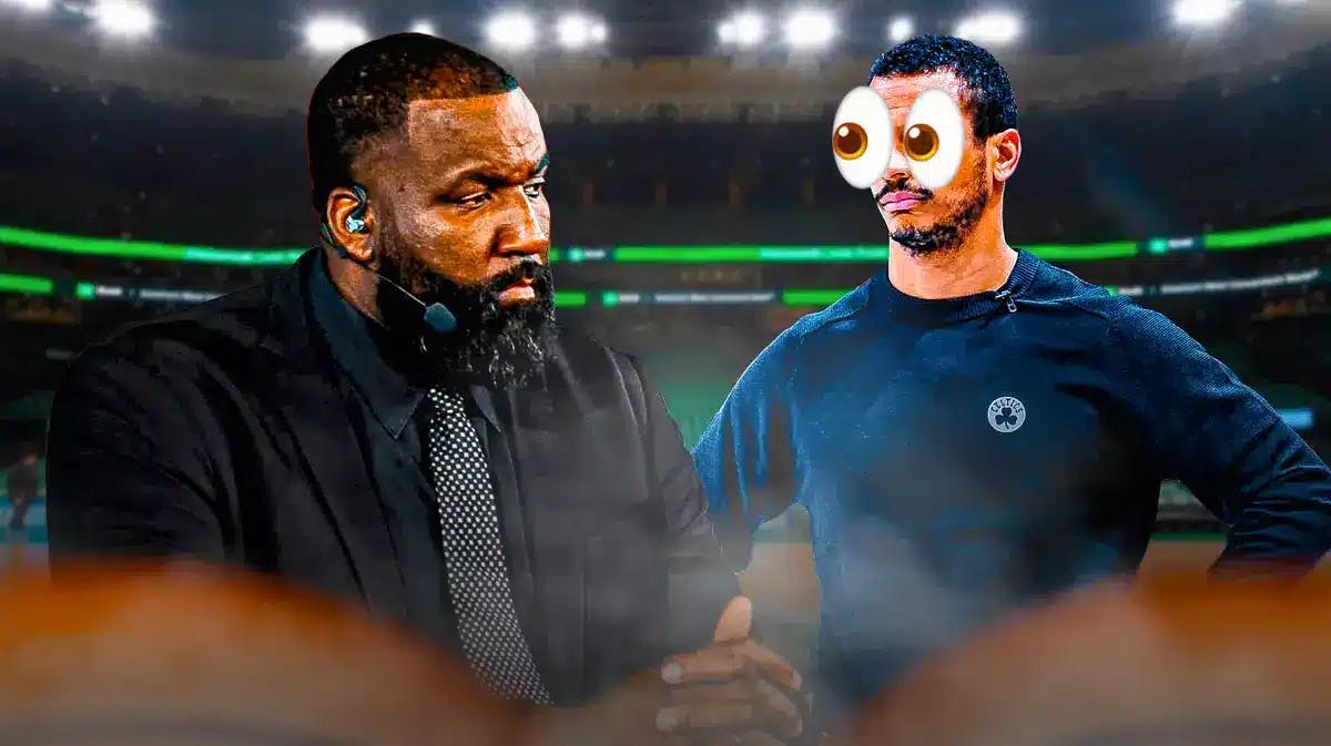 Kendrick Perkins (as analyst) with Joe Mazzulla (Celtics head coach). Add eyes emoji on Mazzulla while looking in the direction of Perkins.