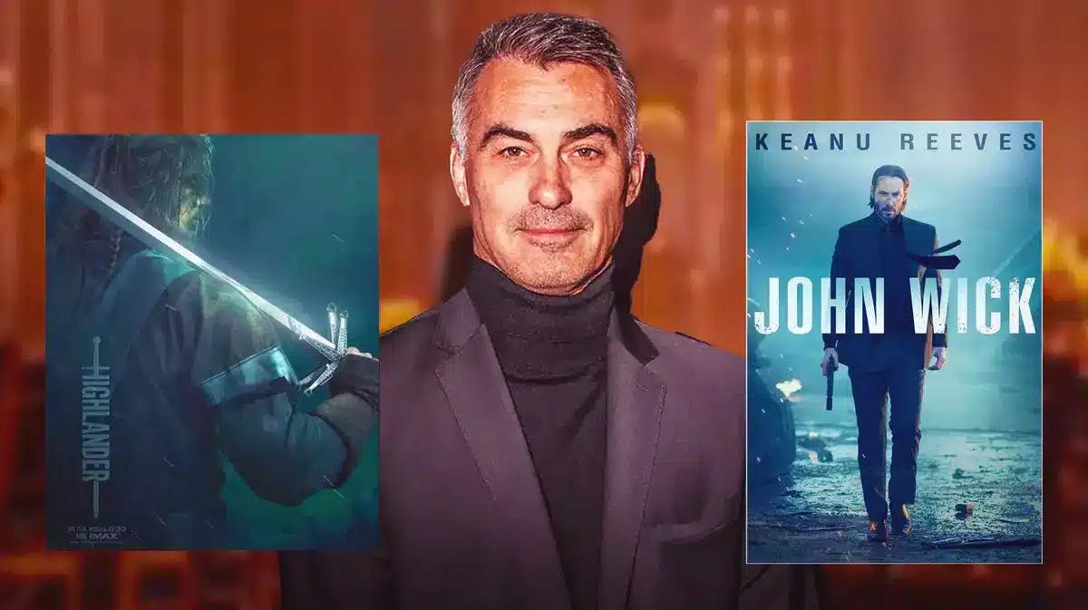 Chad Stahelski in the middle of Highlander and John Wick posters