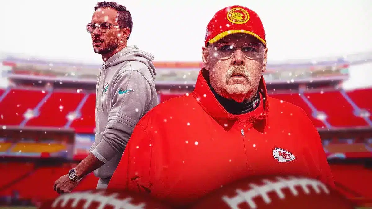 Kansas City Chiefs head coach Andy Reid and Miami Dolphins head coach Mike McDaniel with snow over their heads in front of Arrowhead Stadium.