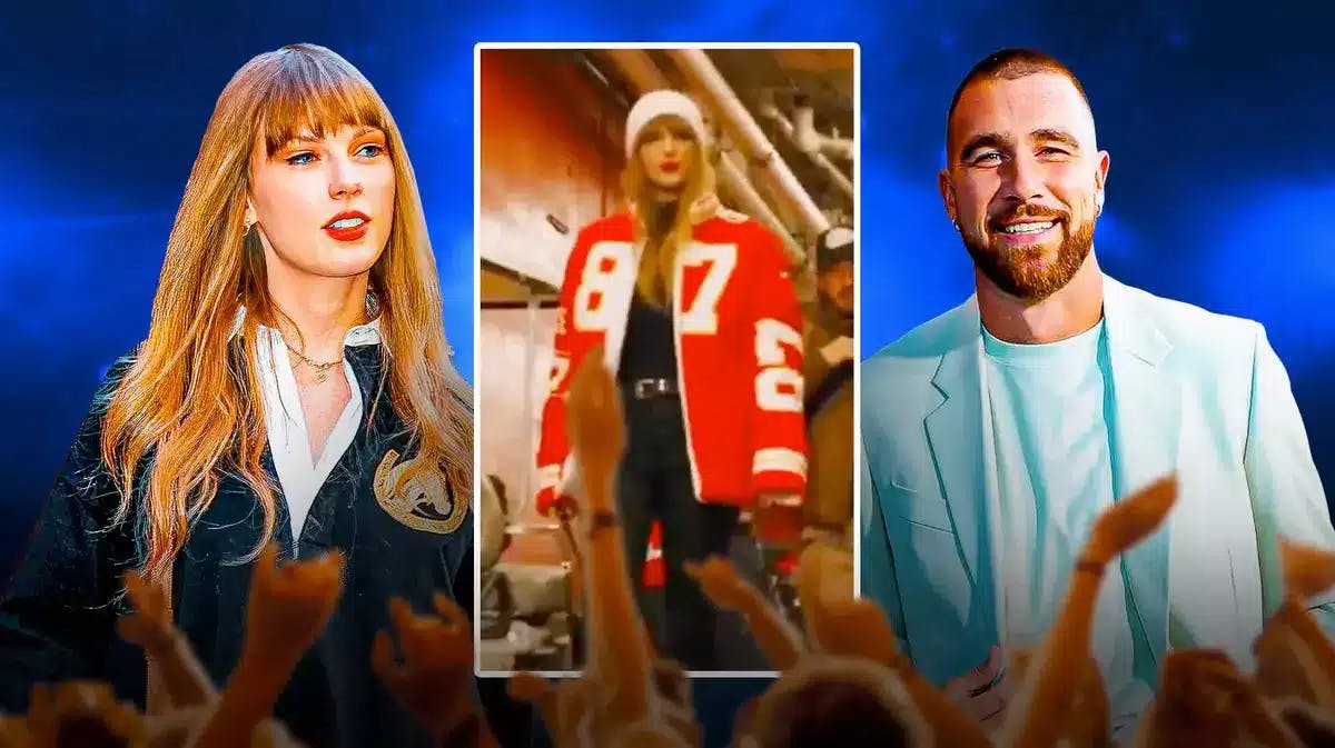 Taylor Swift in the jacket she's wearing and Travis Kelce