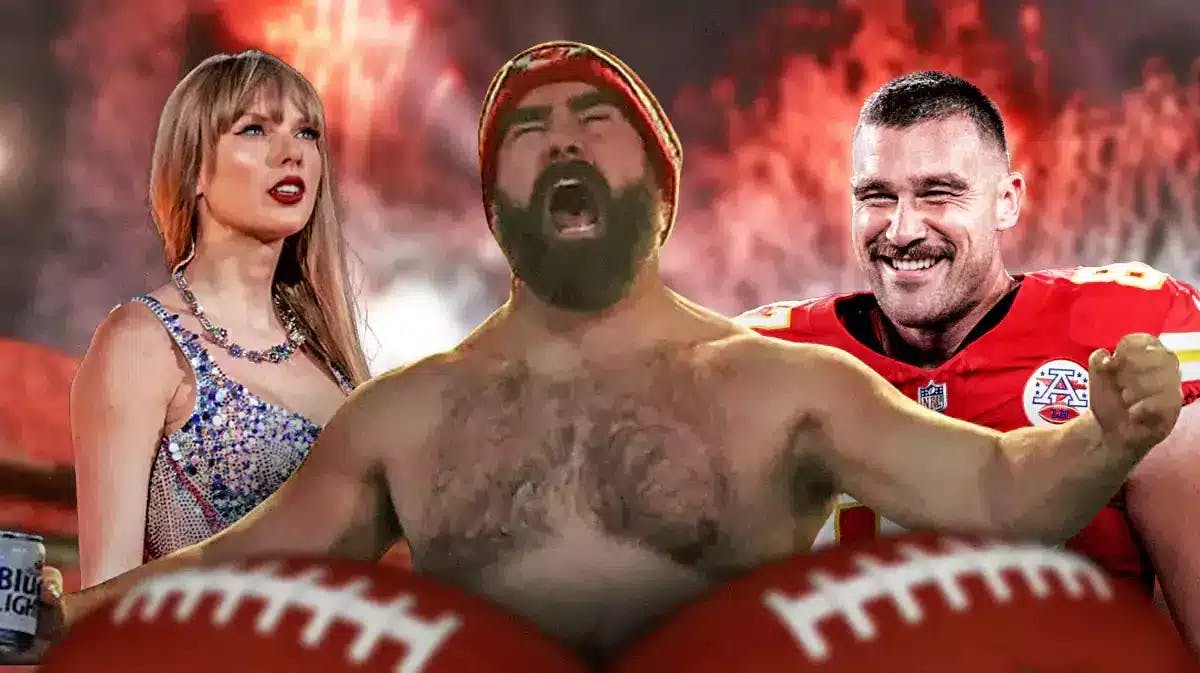 Need an image of Jason Kelce shirtless in the middle. Taylor Swift looking at Kelce on left. Chiefs' Travis Kelce laughing on right.