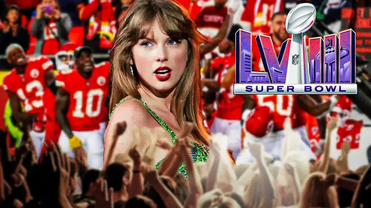 Taylor Swift with Super Bowl logo.
