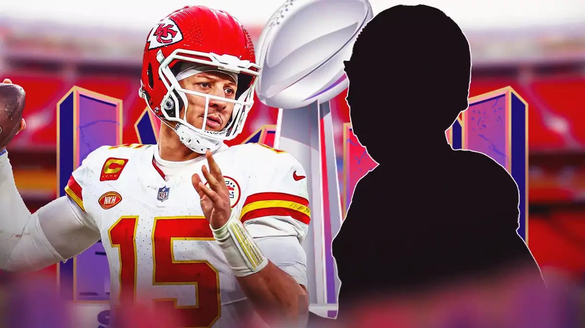 Patrick Mahomes, Super Bowl 58 logo, silhouette of a unknown player