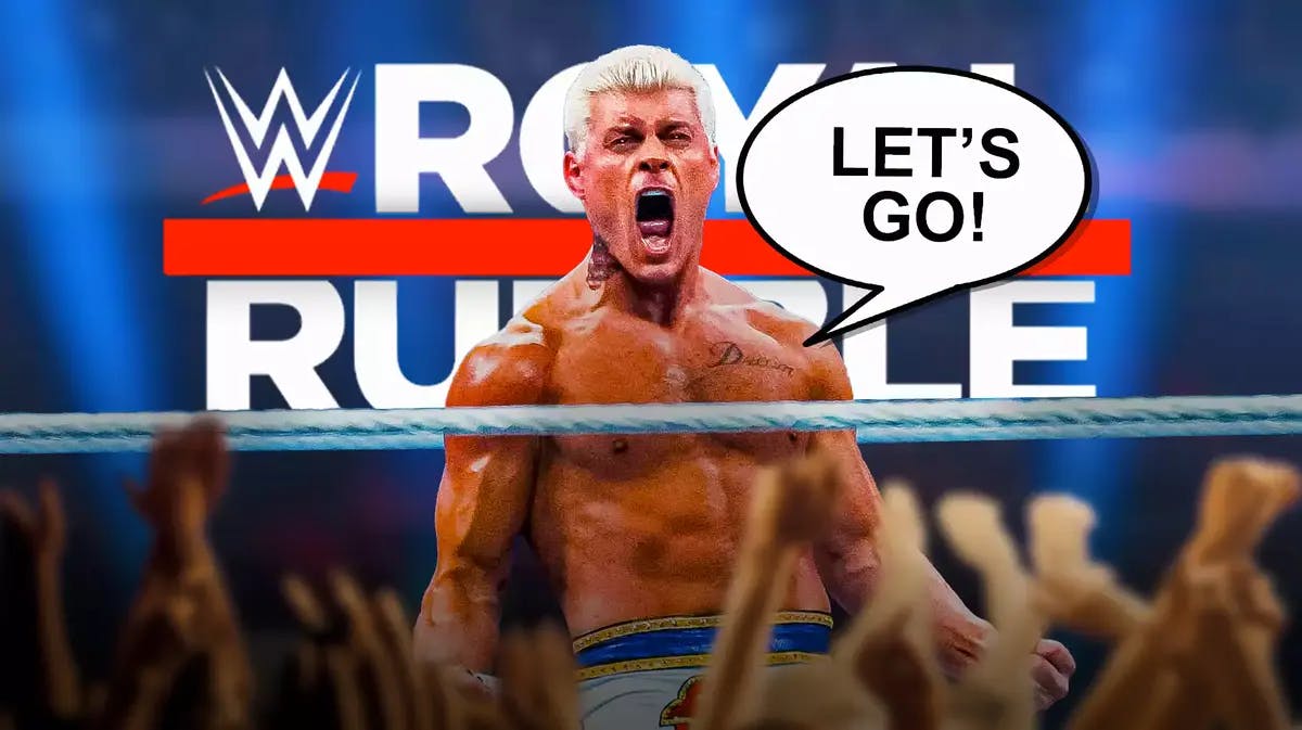 A fired up Cody Rhodes with a text bubble reading “Let’s go!” with the Royal Rumble logo as the background.