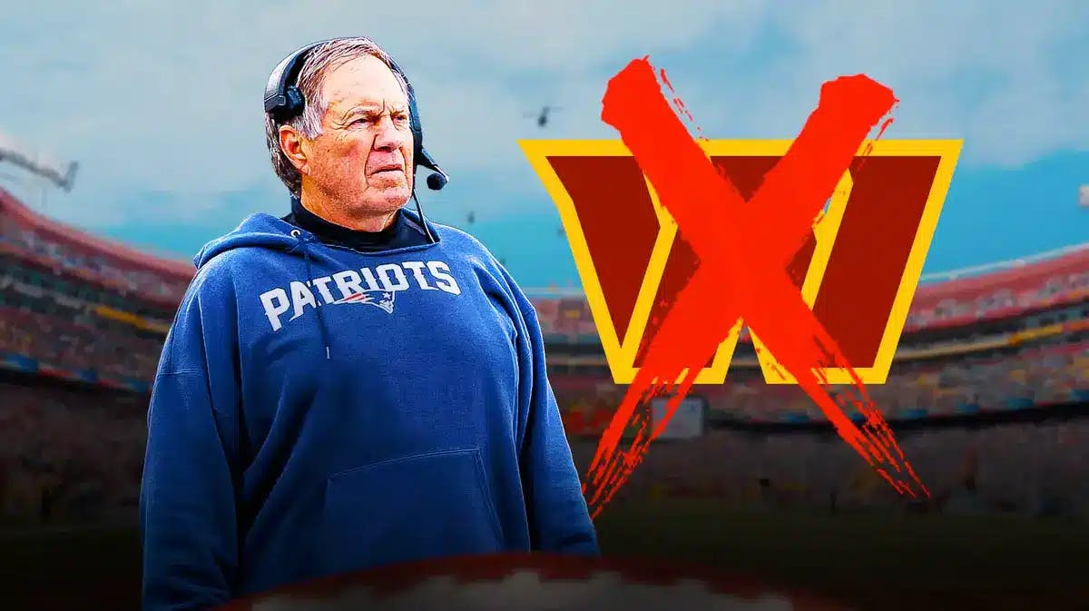 Bill Belichick next to a crossed out Commanders logo.