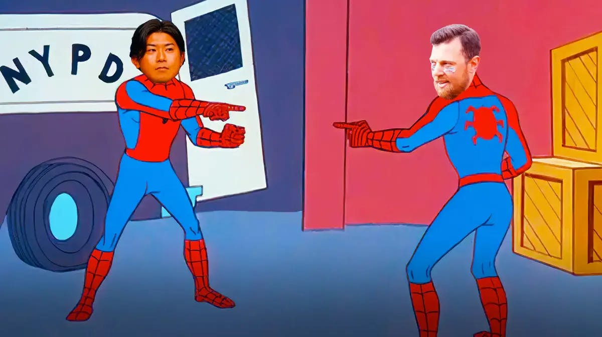 Shota Imanaga and Ben Zobrist as the spiderman pointing at each other meme