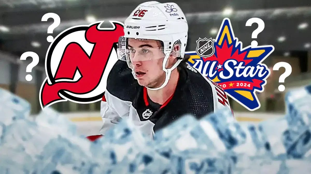 Jack Hughes in middle of image looking hopeful, NJ Devils logo on one side and 2024 NHL All-Star Game logo on other side, just 3-4 question marks, hockey rink in background