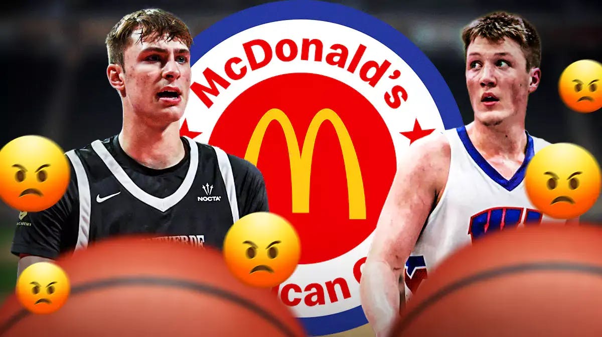The McDonald’s All-American logo in the middle, Cooper Flagg on one side, Kon Knueppel on the other side with a bunch of angry emojis around him