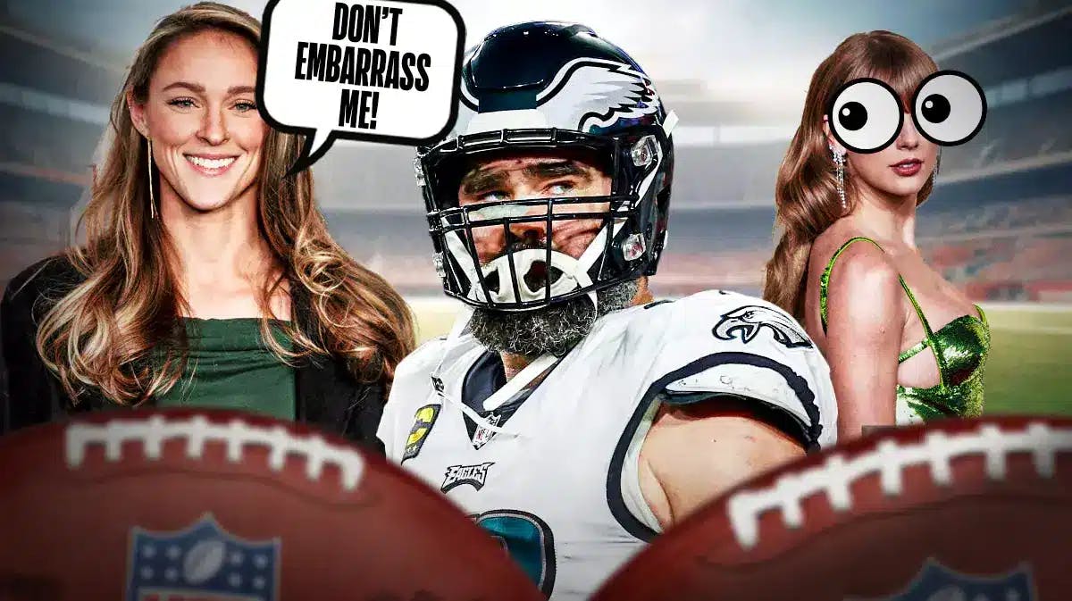 Eagles' Jason Kelce in the middle, Kylie Kelce on one side with a speech bubble that says “Don’t embarrass me!”, Taylor Swift on the other side with the big eyes emoji over her face