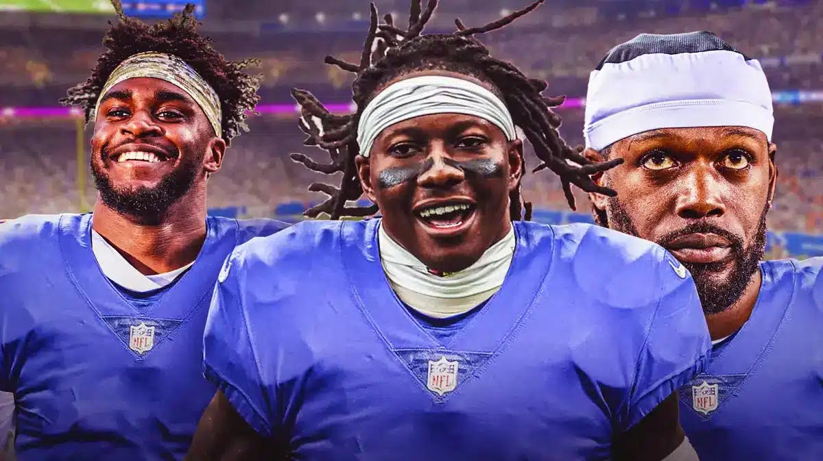 Jaylon Johnson, Marquise Brown, and Jadeveon Clowney, all in Lions uniforms