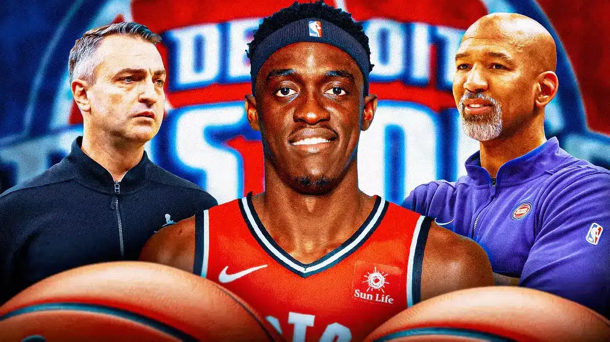 Pascal Siakam in the middle, with Coach Darko Rajaković on one side, Coach Monty Williams on the other side, and the Detroit Pistons wallpaper in the background.
